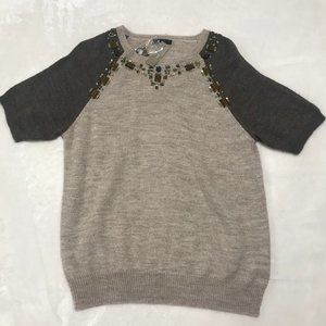 J. Crew Oatmeal Short Sleeve Embellished Sweater L